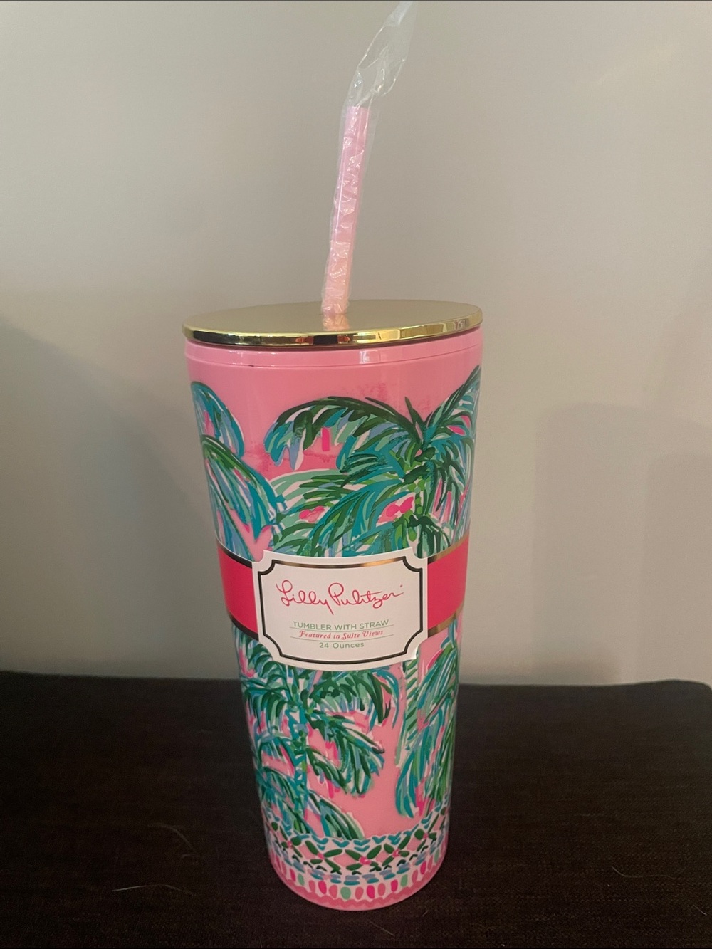 Lilly Pulitzer Pink and Teal Palm Print Tumbler with Gold Lid